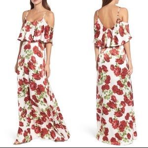 Floral satin ruffle maxi dress
